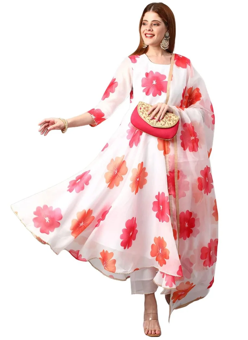 جو سريكي زهور قطن تشانديري للنساء من GoSriKi مطبوعة من كورتا وبنطال أناركالي مع طقم دوبتا (ANARKALI-WHITE-NW-GS_XXL_White_XX-LARGE)